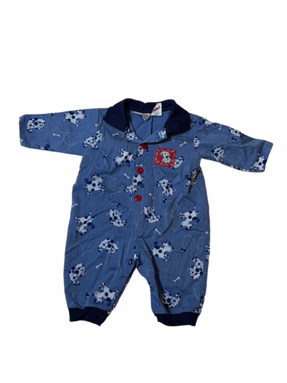 Vintage Small Steps Baby Romper Blue Dog Print One Piece 6 Months Button